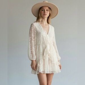 NEW Sheer Leaf Print XXL Ruffle V Neck Mini Dress Cream Long Sleeve